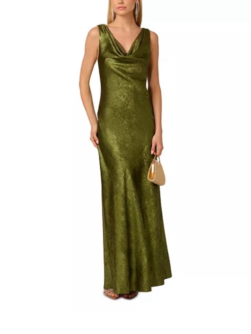 Olive Green Cowl Neck Satin Evening Dress